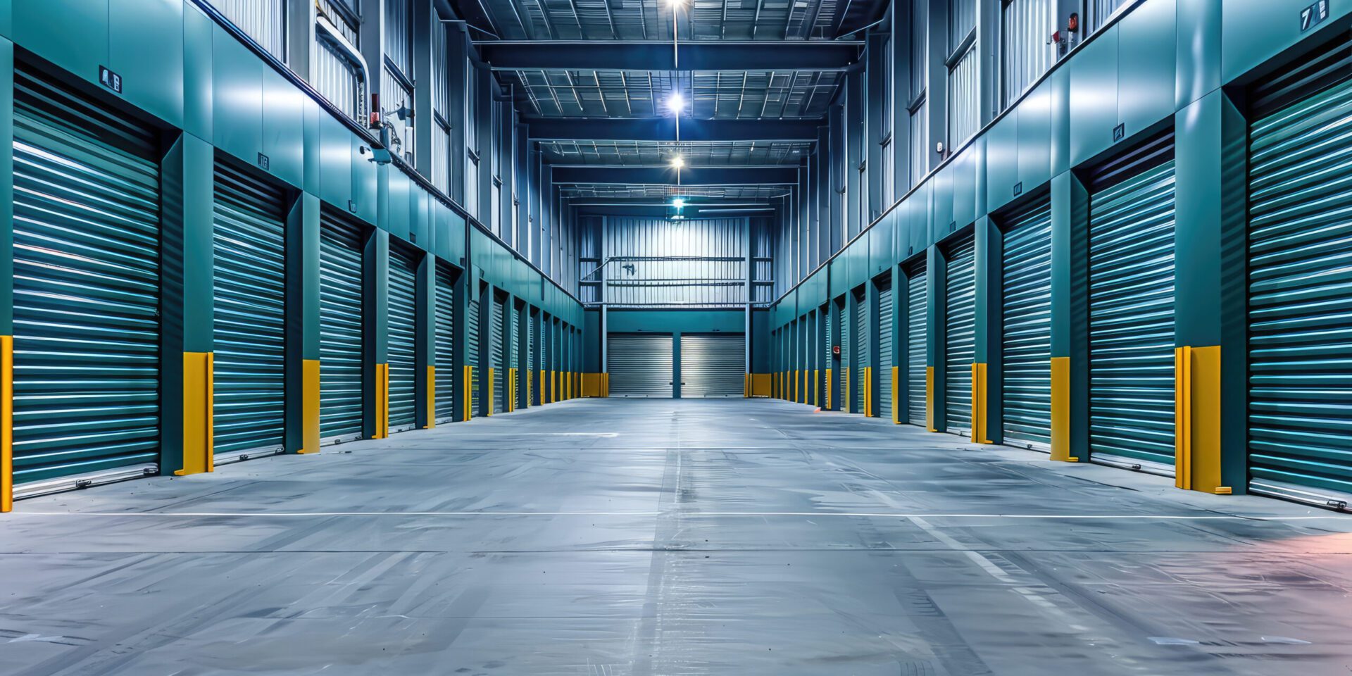 Interior view of a modern storage facility with a long corridor lined with closed green roll-up doors on either side, and bright overhead lighting.